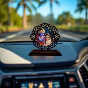 Car Desk/Table Top Radha Krishna Wooden Photo Stand 3x4 Inches, Compact & Stylish Spiritual Display For Car, Home & Office (Pack Of 1) (F19643) Car Desk/Table Top Radha Krishna Wooden Photo Stand 3x4 Inches, Compact & Stylish Spiritual Display For Car, Home & Office (Pack Of 1) (F19643)