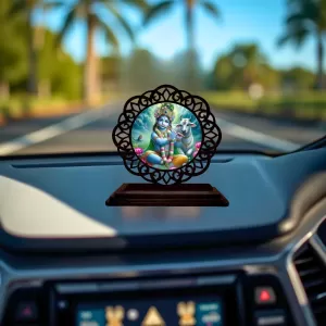 Car Desk/Table Top Lord Krishna Wooden Photo Stand  3x4 Inches, Compact & Stylish Spiritual Display For Car, Home & Office (Pack Of 1) (F19656)