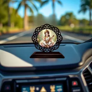 Car Desk/Table Top Goddess Saraswathi Wooden Photo Stand  3x4 Inches, Compact & Stylish Spiritual Display For Car, Home & Office (Pack Of 1) (F19664)