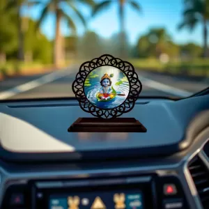 Car Desk/Table Top Lord Krishna Wooden Photo Stand  3x4 Inches, Compact & Stylish Spiritual Display For Car, Home & Office (Pack Of 1) (F19714)