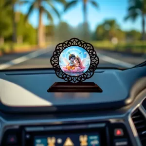Car Desk/Table Top Radha Krishna Wooden Photo Stand 3x4 Inches, Compact & Stylish Spiritual Display For Car, Home & Office (Pack Of 1) (F19752) Car Desk/Table Top Radha Krishna Wooden Photo Stand 3x4 Inches, Compact & Stylish Spiritual Display For Car, Home & Office (Pack Of 1) (F19752)