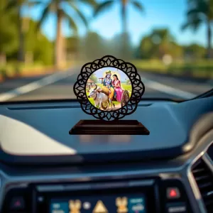 Car Desk/Table Top Radha Krishna Wooden Photo Stand  3x4 Inches, Compact & Stylish Spiritual Display For Car, Home & Office (Pack Of 1) (F19759)