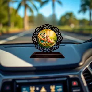 Car Desk/Table Top Radha Krishna Wooden Photo Stand  3x4 Inches, Compact & Stylish Spiritual Display For Car, Home & Office (Pack Of 1) (F19770)