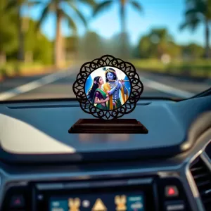 Car Desk/Table Top Radha Krishna Wooden Photo Stand  3x4 Inches, Compact & Stylish Spiritual Display For Car, Home & Office (Pack Of 1) (F19771)