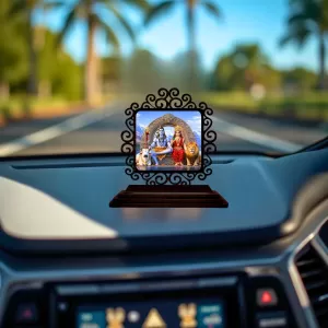 Car Desk/Table Top Lord Shiva And Parvathi Wooden Photo Stand  3x4 Inches, Compact & Stylish Spiritual Display For Car, Home & Office (Pack Of 1) (F19798)