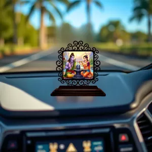 Car Desk/Table Top Lord Shiva And Parvathi Wooden Photo Stand  3x4 Inches, Compact & Stylish Spiritual Display For Car, Home & Office (Pack Of 1) (F19877)