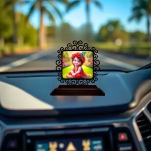 Car Desk/Table Top Lord Krishna Wooden Photo Stand  3x4 Inches, Compact & Stylish Spiritual Display For Car, Home & Office (Pack Of 1) (F19888)