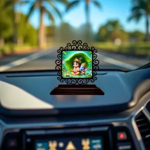 Car Desk/Table Top Lord Krishna Wooden Photo Stand  3x4 Inches, Compact & Stylish Spiritual Display For Car, Home & Office (Pack Of 1) (F19965)