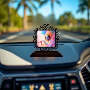 Car Desk/Table Top Lord Krishna Wooden Photo Stand  3x4 Inches, Compact & Stylish Spiritual Display For Car, Home & Office (Pack Of 1) (F20016)