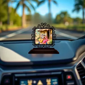 Car Desk/Table Top Radha Krishna Wooden Photo Stand  3x4 Inches, Compact & Stylish Spiritual Display For Car, Home & Office (Pack Of 1) (F20038)