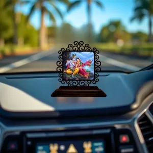 Car Desk/Table Top Radha Krishna Wooden Photo Stand  3x4 Inches, Compact & Stylish Spiritual Display For Car, Home & Office (Pack Of 1) (F20047)