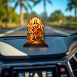 Car Dashboard/Table Top Goddess Durga Wooden Temple Photo Stand  3x4 Inches, Compact & Stylish Spiritual Display For Car, Home & Office (Pack Of 1) (F22461)