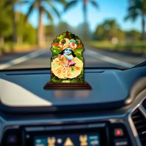 Car Dashboard/Table Top Lord Krishna Wooden Temple Photo Stand  3x4 Inches, Compact & Stylish Spiritual Display For Car, Home & Office (Pack Of 1) (F22467)