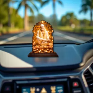 Car Dashboard/Table Top Sai Baba Wooden Temple Photo Stand  3x4 Inches, Compact & Stylish Spiritual Display For Car, Home & Office (Pack Of 1) (F22484)