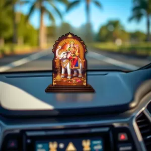 Car Dashboard/Table Top Goddess Durga Wooden Temple Photo Stand  3x4 Inches, Compact & Stylish Spiritual Display For Car, Home & Office (Pack Of 1) (F22509)