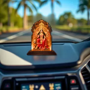 Car Dashboard/Table Top Goddess Durga Wooden Temple Photo Stand  3x4 Inches, Compact & Stylish Spiritual Display For Car, Home & Office (Pack Of 1) (F22518)
