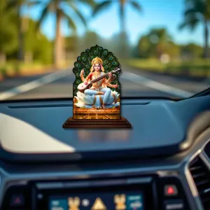 Car Dashboard/Table Top Goddess Saraswathi Wooden Temple Photo Stand  3x4 Inches, Compact & Stylish Spiritual Display For Car, Home & Office (Pack Of 1) (F22521)