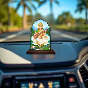 Car Dashboard/Table Top Goddess Saraswathi Wooden Temple Photo Stand  3x4 Inches, Compact & Stylish Spiritual Display For Car, Home & Office (Pack Of 1) (F22526)