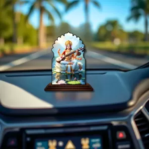 Car Dashboard/Table Top Goddess Saraswathi Wooden Temple Photo Stand  3x4 Inches, Compact & Stylish Spiritual Display For Car, Home & Office (Pack Of 1) (F22527)