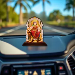 Car Dashboard/Table Top Goddess Durga Wooden Temple Photo Stand  3x4 Inches, Compact & Stylish Spiritual Display For Car, Home & Office (Pack Of 1) (F22537)