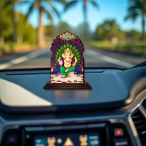 Car Dashboard/Table Top Lord Ganesha Wooden Temple Photo Stand  3x4 Inches, Compact & Stylish Spiritual Display For Car, Home & Office (Pack Of 1) (F22561)