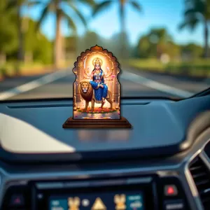 Car Dashboard/Table Top Goddess Durga Wooden Temple Photo Stand  3x4 Inches, Compact & Stylish Spiritual Display For Car, Home & Office (Pack Of 1) (F22582)