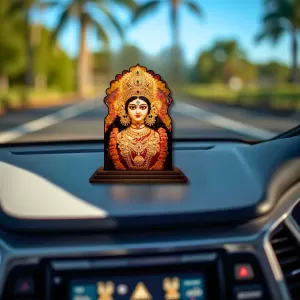 Car Dashboard/Table Top Goddess Durga Wooden Temple Photo Stand  3x4 Inches, Compact & Stylish Spiritual Display For Car, Home & Office (Pack Of 1) (F22592)