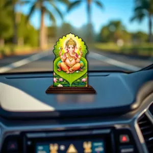 Car Dashboard/Table Top Lord Ganesha Wooden Temple Photo Stand  3x4 Inches, Compact & Stylish Spiritual Display For Car, Home & Office (Pack Of 1) (F22600)