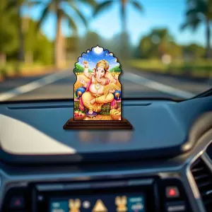 Car Dashboard/Table Top Lord Ganesha Wooden Temple Photo Stand  3x4 Inches, Compact & Stylish Spiritual Display For Car, Home & Office (Pack Of 1) (F22603)
