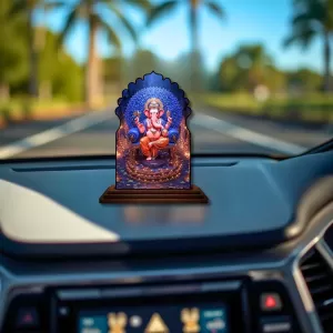 Car Dashboard/Table Top Lord Ganesha Wooden Temple Photo Stand  3x4 Inches, Compact & Stylish Spiritual Display For Car, Home & Office (Pack Of 1) (F22604)