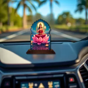 Car Dashboard/Table Top Goddess Laxmi Wooden Temple Photo Stand  3x4 Inches, Compact & Stylish Spiritual Display For Car, Home & Office (Pack Of 1) (F22607)