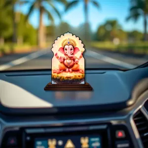 Car Dashboard/Table Top Lord Ganesha Wooden Temple Photo Stand  3x4 Inches, Compact & Stylish Spiritual Display For Car, Home & Office (Pack Of 1) (F22623)