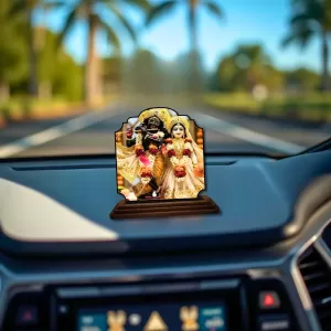 Car Dashboard/Table Top Radha Krishna Wooden Rectangle Photo Stand  3x4 Inches, Compact & Stylish Spiritual Display For Car, Home & Office (Pack Of 1) (F22202)