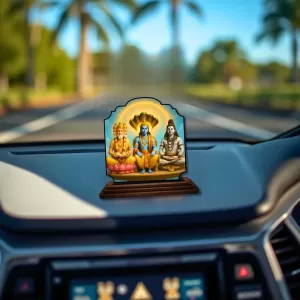 Car Dashboard/Table Top Lord Bramha Vishnu Shiva Wooden Rectangle Photo Stand  3x4 Inches, Compact & Stylish Spiritual Display For Car, Home & Office (Pack Of 1) (F22214)