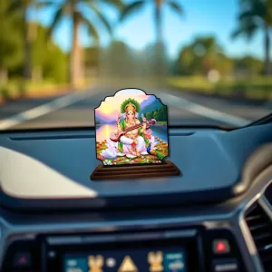 Car Dashboard/Table Top Goddess Sarasathi Wooden Rectangle Photo Stand  3x4 Inches, Compact & Stylish Spiritual Display For Car, Home & Office (Pack Of 1) (F22247)