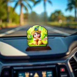 Car Dashboard/Table Top Little Krishna Wooden Rectangle Photo Stand  3x4 Inches, Compact & Stylish Spiritual Display For Car, Home & Office (Pack Of 1) (F22253)