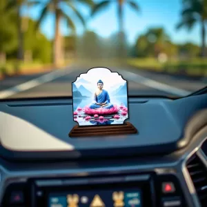Car Dashboard/Table Top Serene Buddha Wooden Rectangle Photo Stand  3x4 Inches, Compact & Stylish Spiritual Display For Car, Home & Office (Pack Of 1) (F22305)