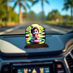 Car Dashboard/Table Top Little Krishna Wooden Rectangle Photo Stand  3x4 Inches, Compact & Stylish Spiritual Display For Car, Home & Office (Pack Of 1) (F22308)