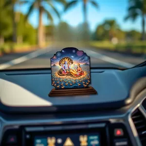 Car Dashboard/Table Top Lord Vishnu And Lakshmi Wooden Rectangle Photo Stand  3x4 Inches, Compact & Stylish Spiritual Display For Car, Home & Office (Pack Of 1) (F22317)
