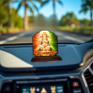 Car Dashboard/Table Top Lord Ganesha Wooden Rectangle Photo Stand  3x4 Inches, Compact & Stylish Spiritual Display For Car, Home & Office (Pack Of 1) (F22319)