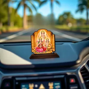 Car Dashboard/Table Top Lord Ganesha And Lakshmi And Kubera Wooden Rectangle Photo Stand  3x4 Inches, Compact & Stylish Spiritual Display For Car, Home & Office (Pack Of 1) (F22338)