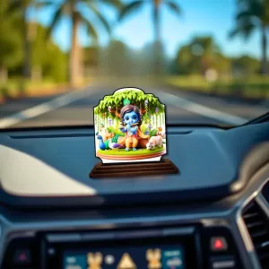 Car Dashboard/Table Top Lord Krishna Wooden Rectangle Photo Stand  3x4 Inches, Compact & Stylish Spiritual Display For Car, Home & Office (Pack Of 1) (F22342)