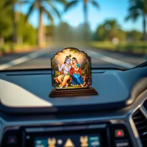 Car Dashboard/Table Top Lord Krishna And Radha Wooden Rectangle Photo Stand  3x4 Inches, Compact & Stylish Spiritual Display For Car, Home & Office (Pack Of 1) (F22356)