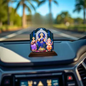 Car Dashboard/Table Top Saraswathi Laskhm Ganesha Wooden Rectangle Photo Stand  3x4 Inches, Compact & Stylish Spiritual Display For Car, Home & Office (Pack Of 1) (F22373)
