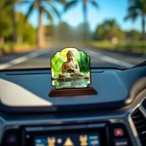 Car Dashboard/Table Top Lord Buddha Wooden Rectangle Photo Stand  3x4 Inches, Compact & Stylish Spiritual Display For Car, Home & Office (Pack Of 1) (F22383)