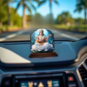 Car Dashboard/Table Top Goddess Saraswathi Wooden Rectangle Photo Stand  3x4 Inches, Compact & Stylish Spiritual Display For Car, Home & Office (Pack Of 1) (F22424)