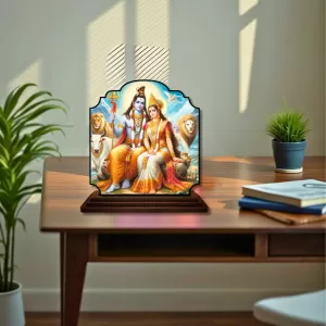 Car Dashboard/Table Top Lord Shiva And Parvathi Wooden Rectangle Photo Stand  3x4 Inches, Compact & Stylish Spiritual Display For Car, Home & Office (Pack Of 1) (F22432)