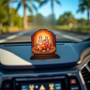 Car Dashboard/Table Top Lord Ganesha And Laskhmi Wooden Rectangle Photo Stand  3x4 Inches, Compact & Stylish Spiritual Display For Car, Home & Office (Pack Of 1) (F22441)