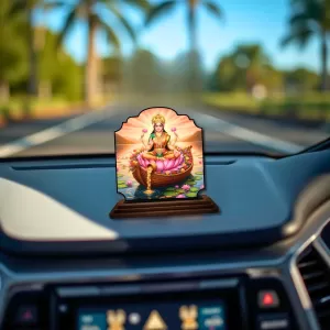 Car Dashboard/Table Top Goddess Lakshmi Wooden Rectangle Photo Stand  3x4 Inches, Compact & Stylish Spiritual Display For Car, Home & Office (Pack Of 1) (F22448)