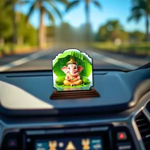 Car Dashboard/Table Top Lord Ganesha Wooden Rectangle Photo Stand  3x4 Inches, Compact & Stylish Spiritual Display For Car, Home & Office (Pack Of 1) (F22449)